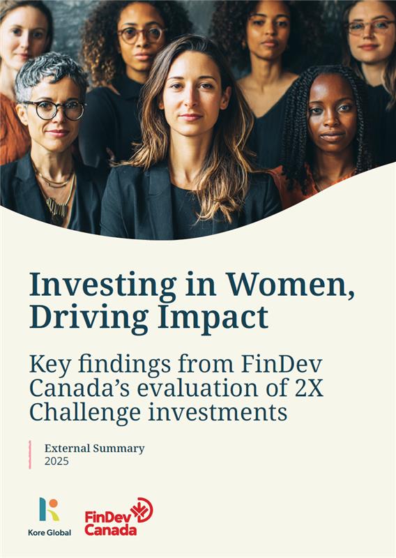 Report cover featuring a group of women standing together. The title reads ‘Investing in Women, Driving Impact’ with a subtitle ‘Key findings from FinDev Canada’s evaluation of 2X Challenge investments.