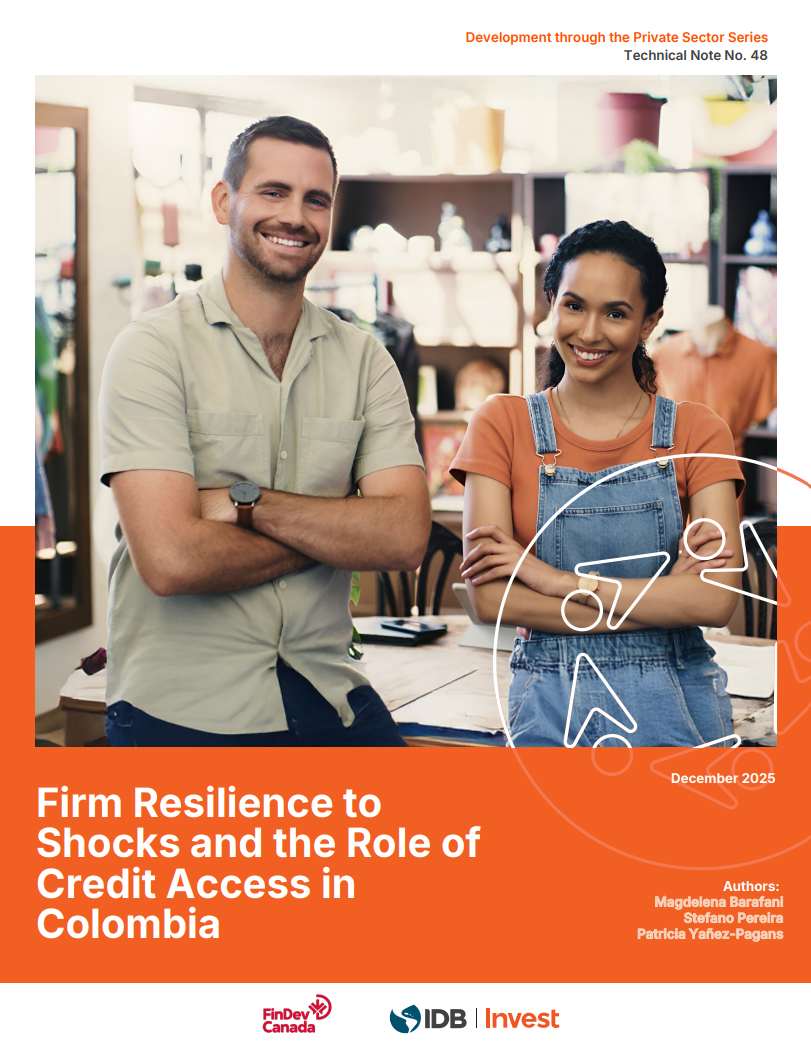 Report cover featuring a man and a woman standing together. The title reads ‘Firm Resilience to Shocks and the Role of Credit Access in Colombia.