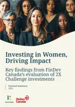 Report cover featuring a group of women standing together. The title reads ‘Investing in Women, Driving Impact’ with a subtitle ‘Key findings from FinDev Canada’s evaluation of 2X Challenge investments.