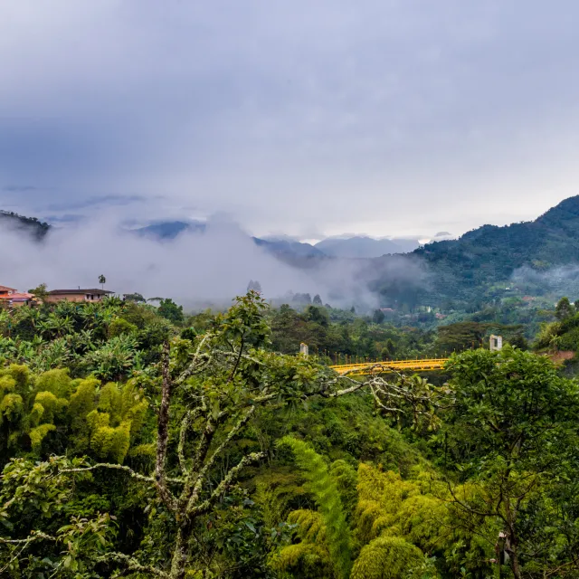 Image of mountain landscape in Colombia with clouds and trees.