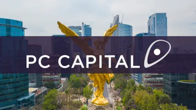 City skyline with company logo overlayed