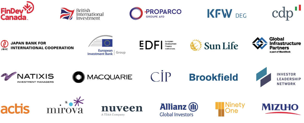 G7 leadership: Logos of various G7 council members such as BII, Proparco, KFW, EIB, EDFI, SunLife, Macquarie, CIP, Brookfield, NOVA, Nuveen, Allianz, and Ninety One.