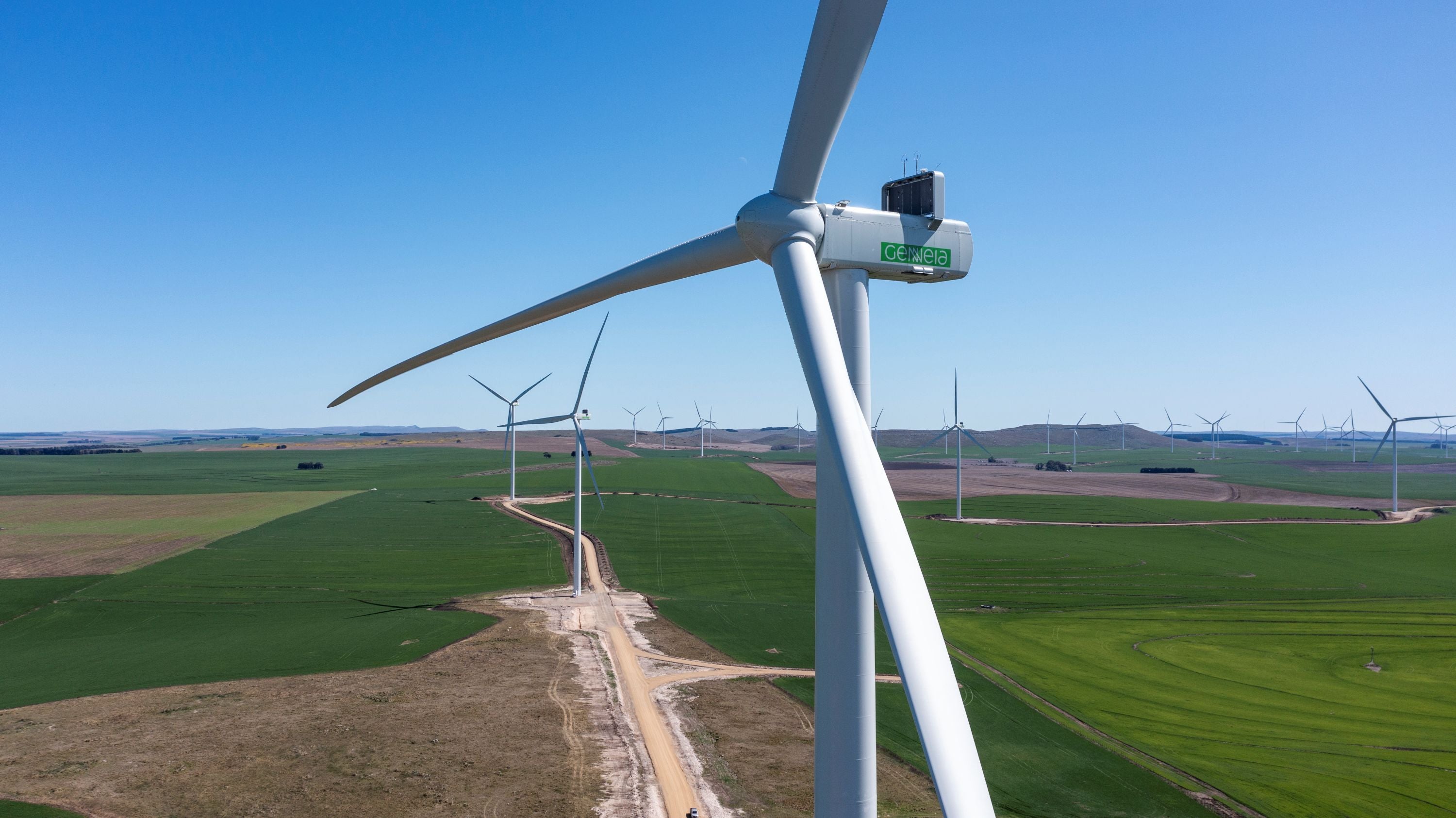 Wind turbine at the foreground and field of wind turbines in the background